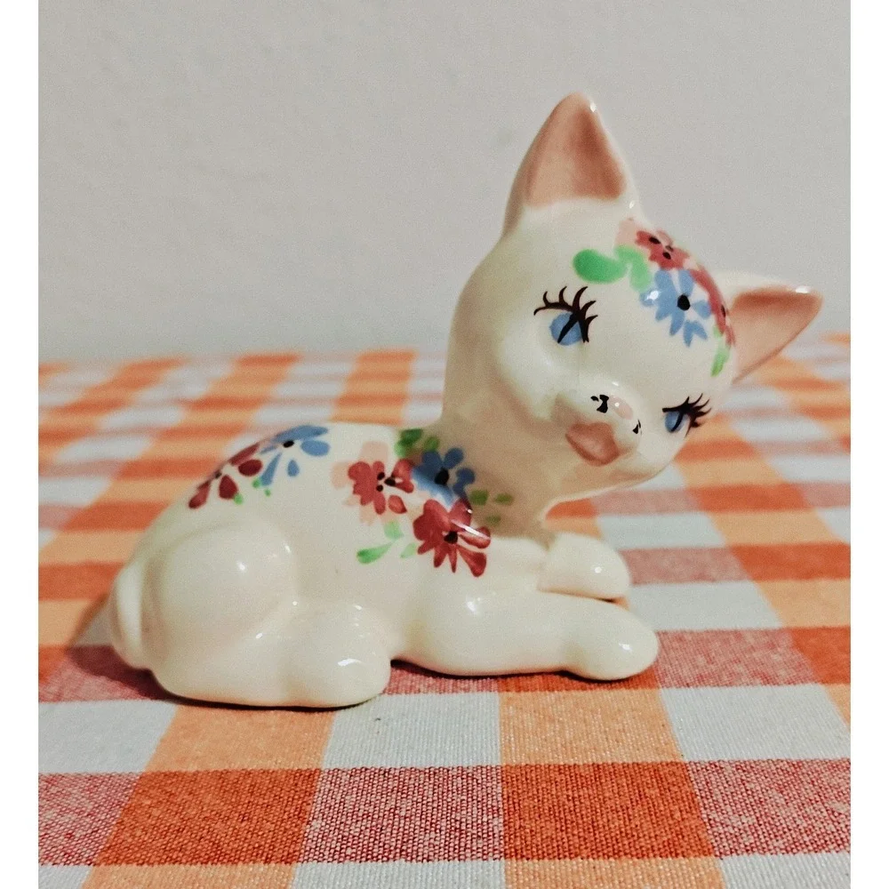 Rare 1940's DeLee Cat Floral Porcelain Figurine Pottery Hand Painted